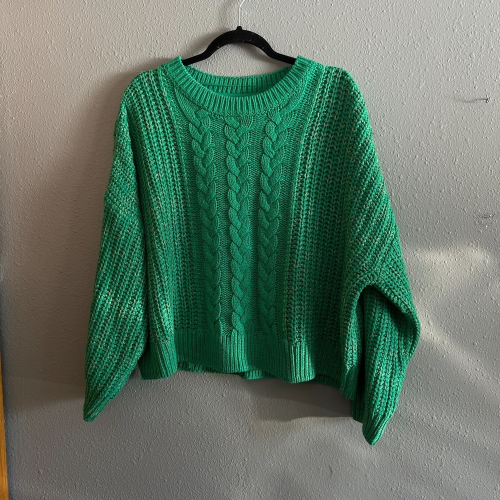 Cable‎ Knit Chunky Oversized Sweater Green Cream Accent Acrylic Noisy May